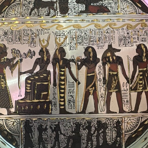 Egyptian Etched Art Solid Brass  & Copper Plate W/ Pharaoh Scene And Map - Picture 4 of 7